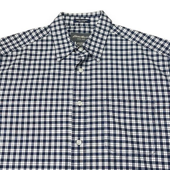 Eddie Bauer Shirt Mens Medium M Black‎ Plaid Chambray Short Sleeve Button Down - Picture 4 of 7
